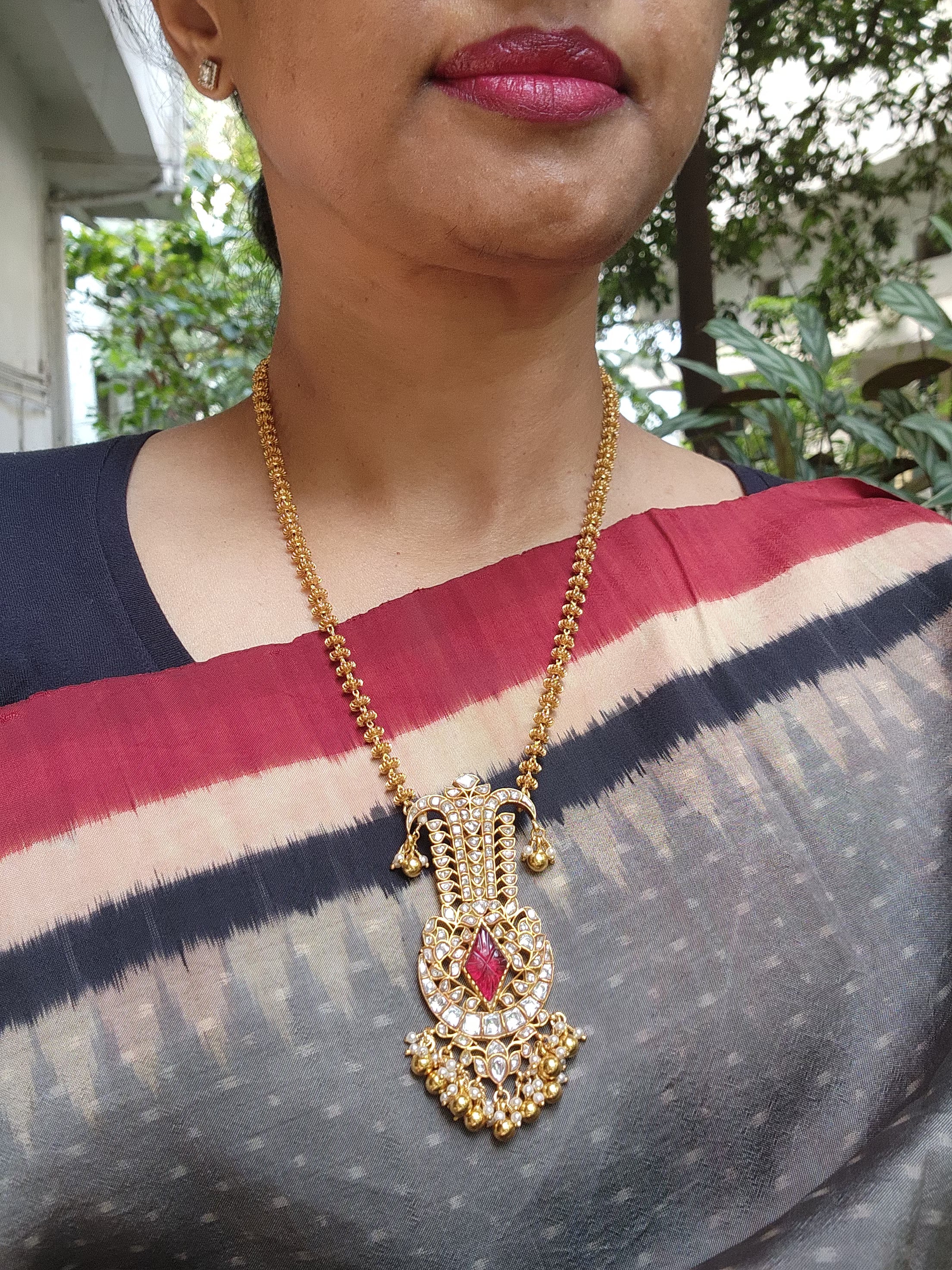Tussi chain with kundan pendant-Silver Neckpiece-PL-House of Taamara