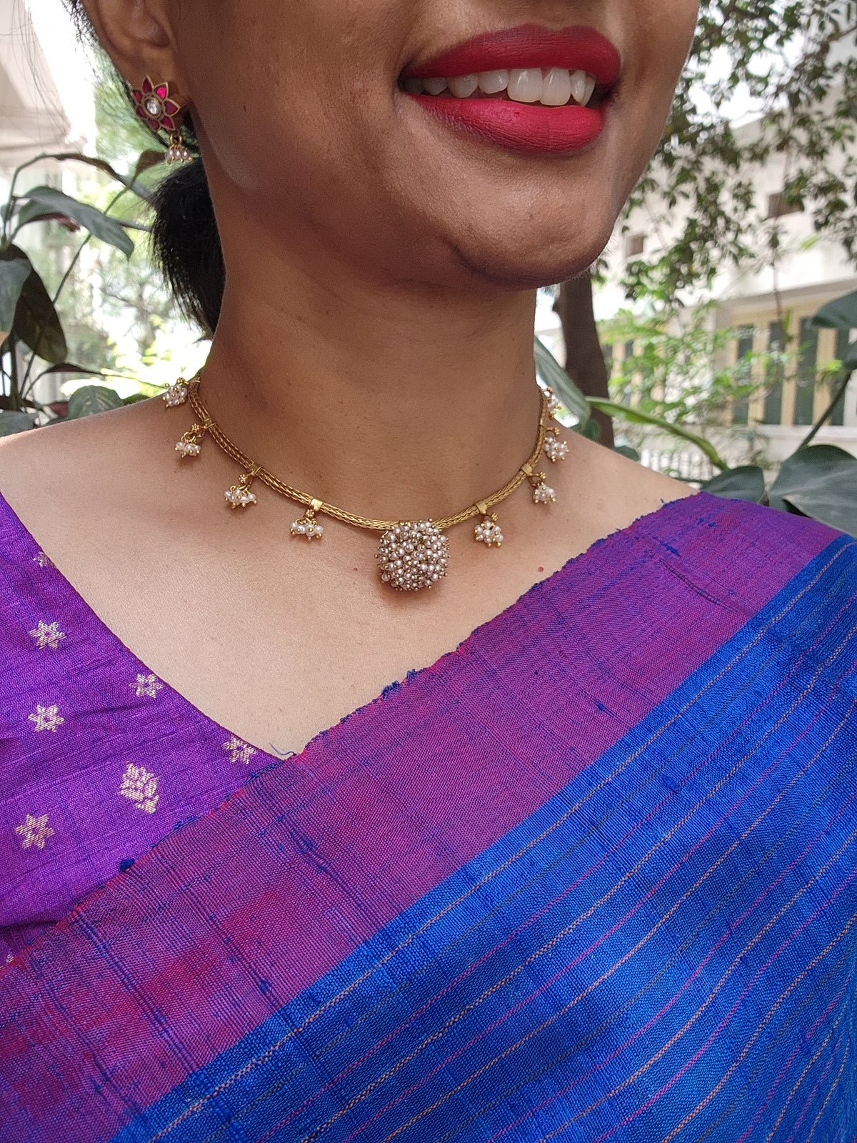 Tussi chain with pearls bunch necklace-Silver Neckpiece-pl-House of Taamara