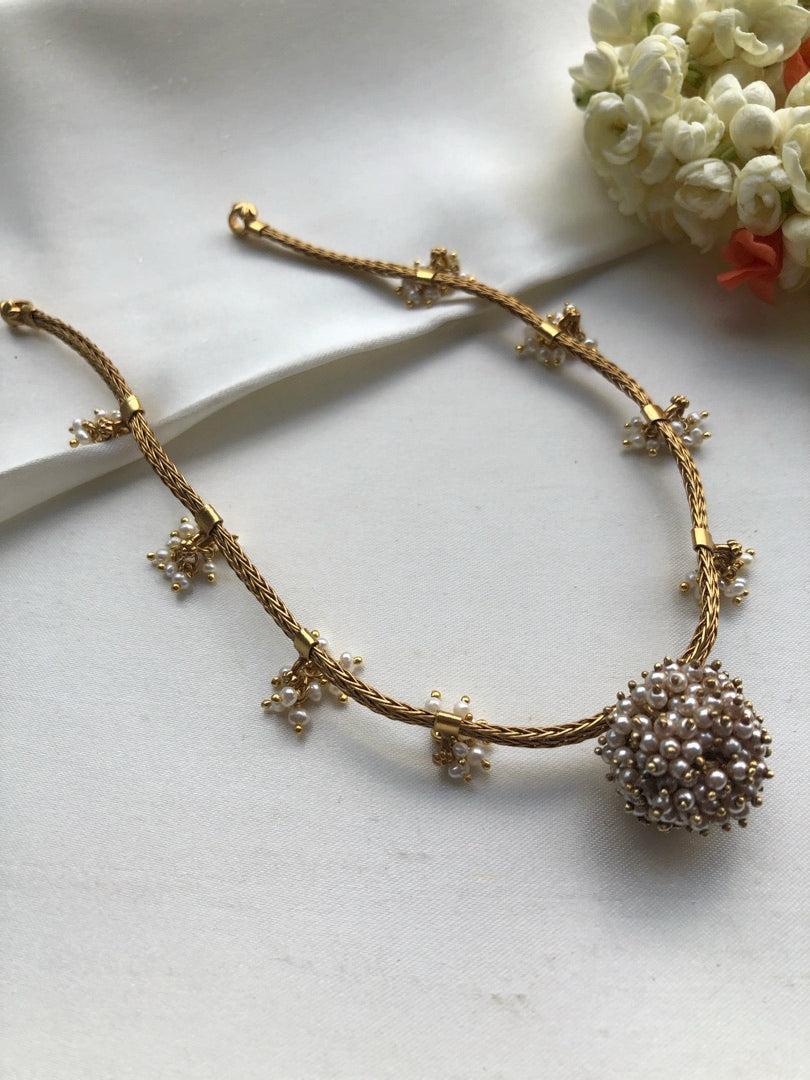 Tussi chain with pearls bunch necklace-Silver Neckpiece-pl-House of Taamara