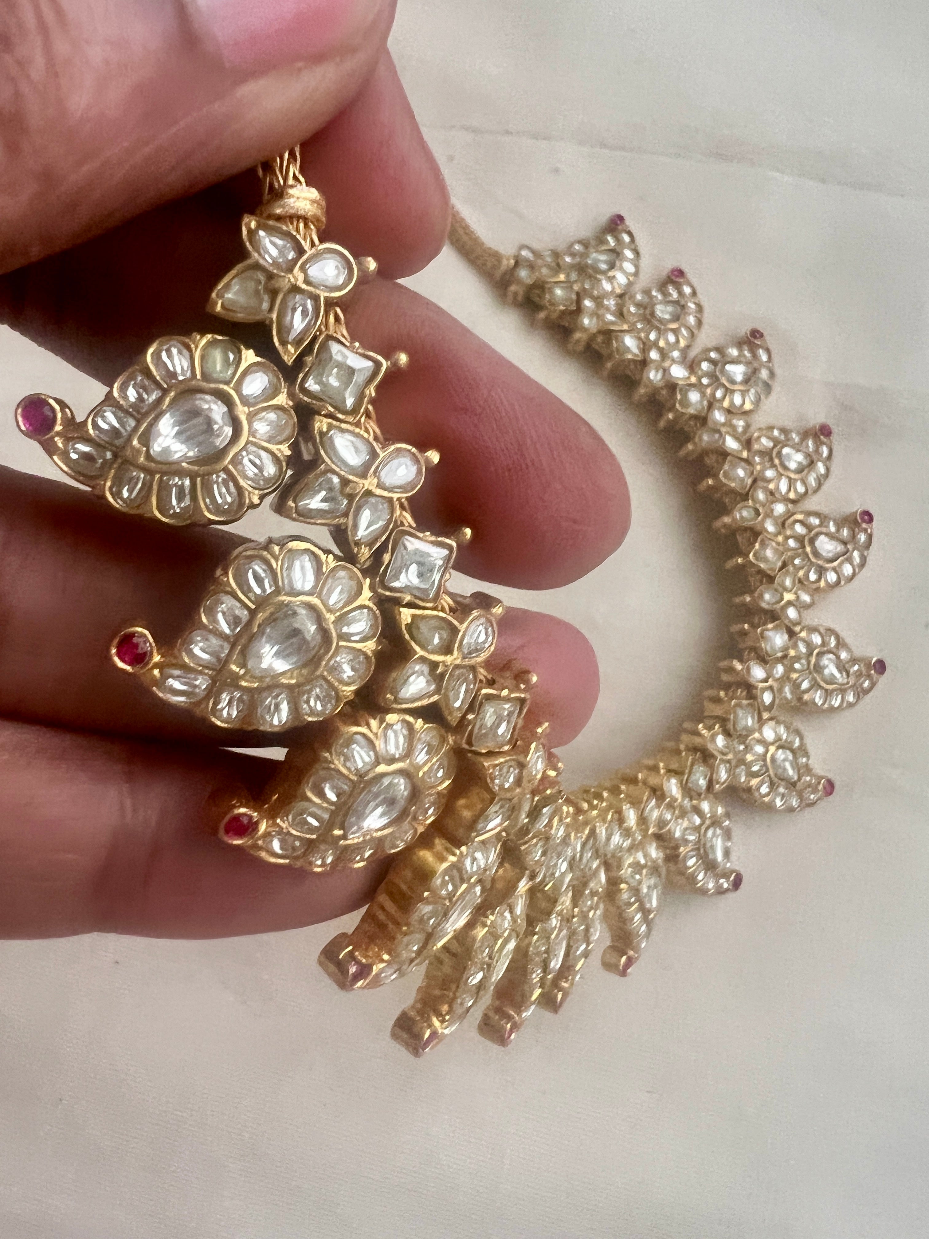 Two sided, gold polish kundan, ruby & emerald paisley necklace-Silver Neckpiece-CI-House of Taamara