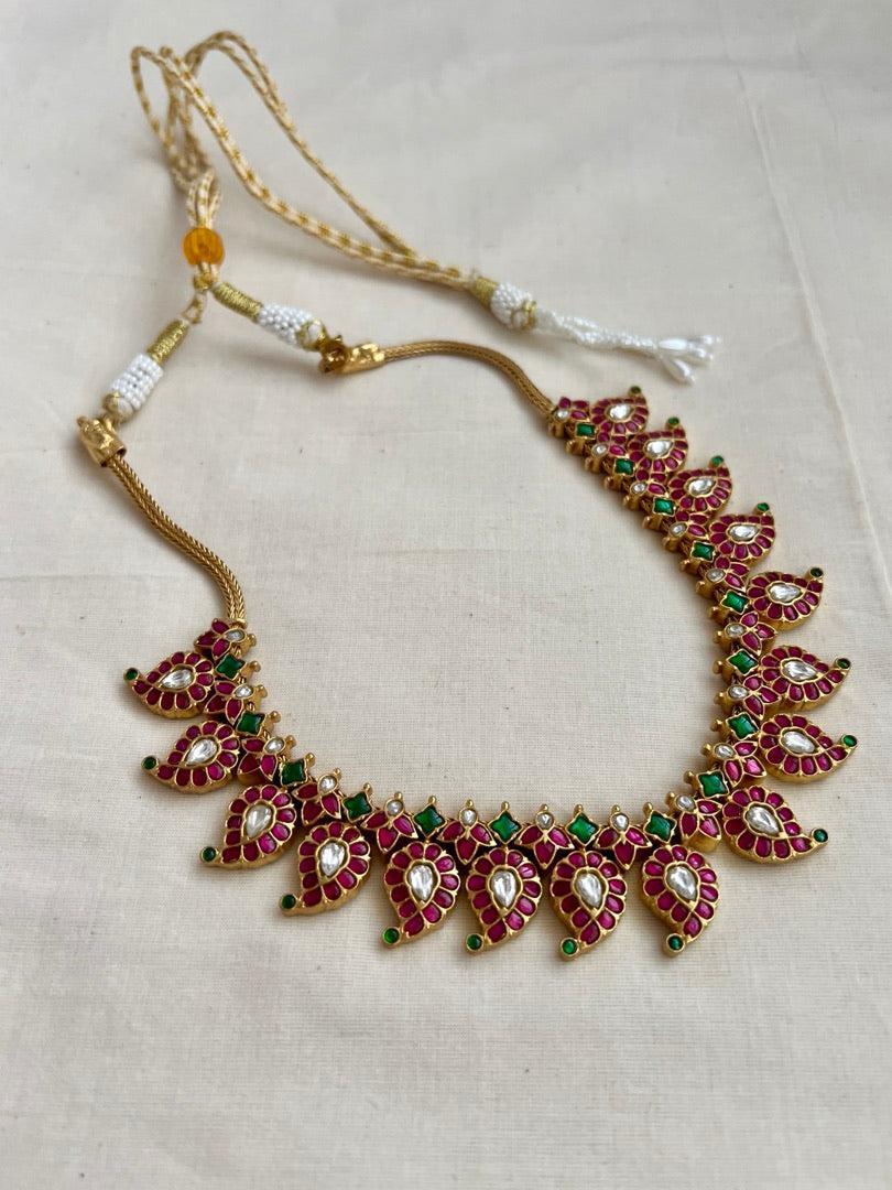 Two sided, gold polish kundan, ruby & emerald paisley necklace-Silver Neckpiece-CI-House of Taamara