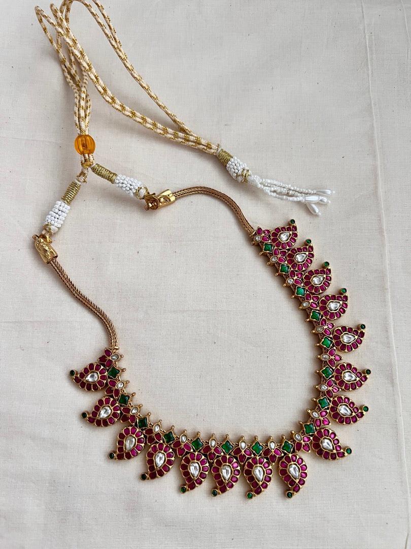 Two sided, gold polish kundan, ruby & emerald paisley necklace-Silver Neckpiece-CI-House of Taamara