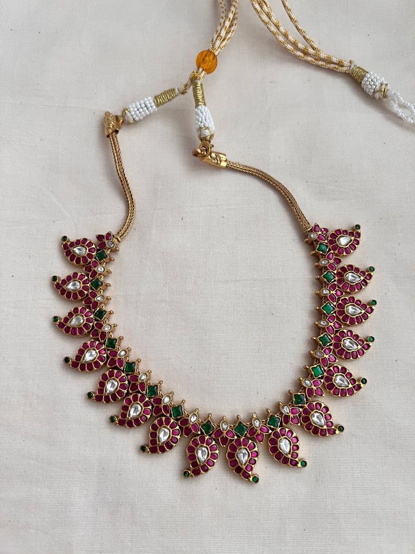 Two sided, gold polish kundan, ruby & emerald paisley necklace-Silver Neckpiece-CI-House of Taamara
