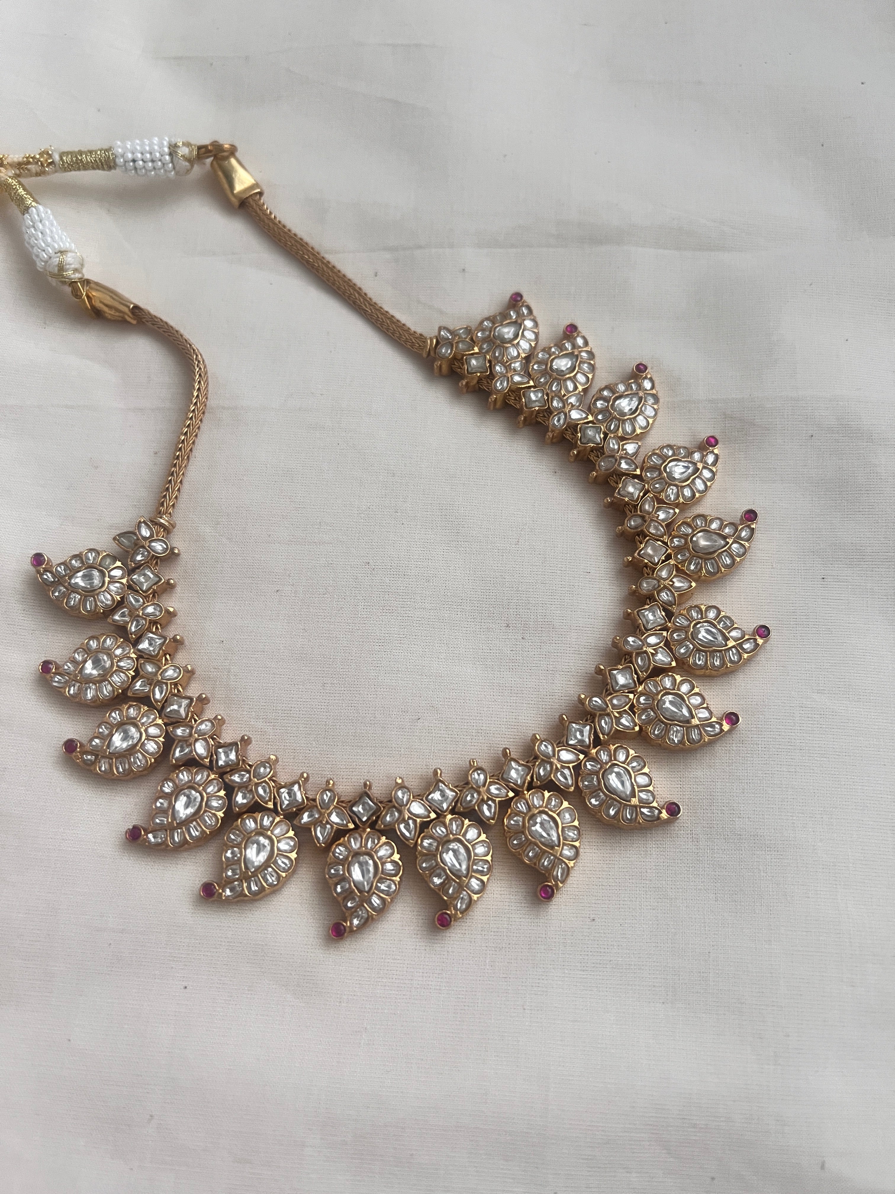 Two sided, gold polish kundan, ruby & emerald paisley necklace-Silver Neckpiece-CI-House of Taamara
