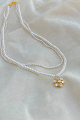 Two strands of fresh water pearls with 6 petal Moissanite flower pendant-Silver Neckpiece-EZ-House of Taamara