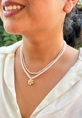 Two strands of fresh water pearls with 6 petal Moissanite flower pendant-Silver Neckpiece-EZ-House of Taamara