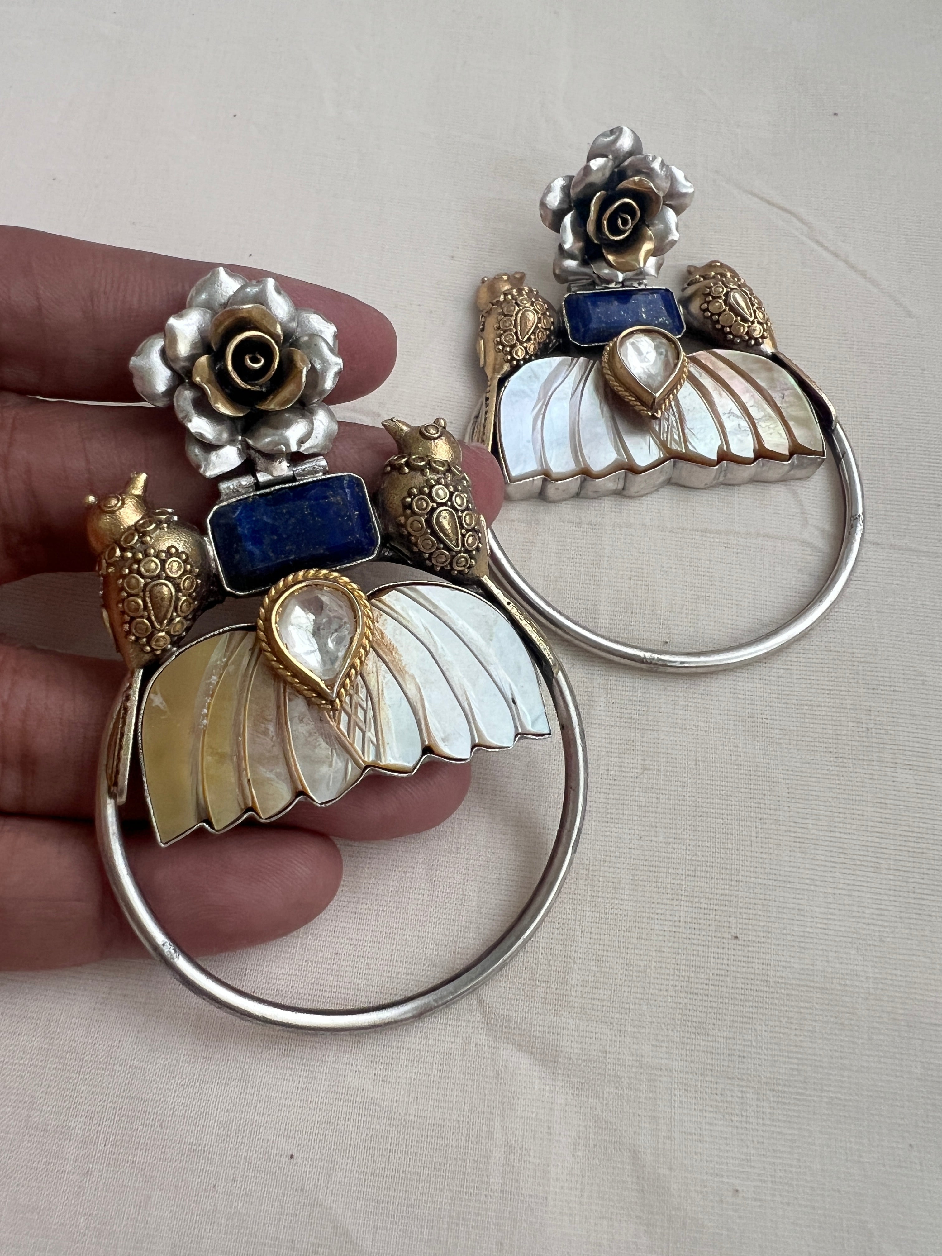 Two tone bird & flower earrings with blue lapiz, kundan & mother of pearl-Earrings-CI-House of Taamara