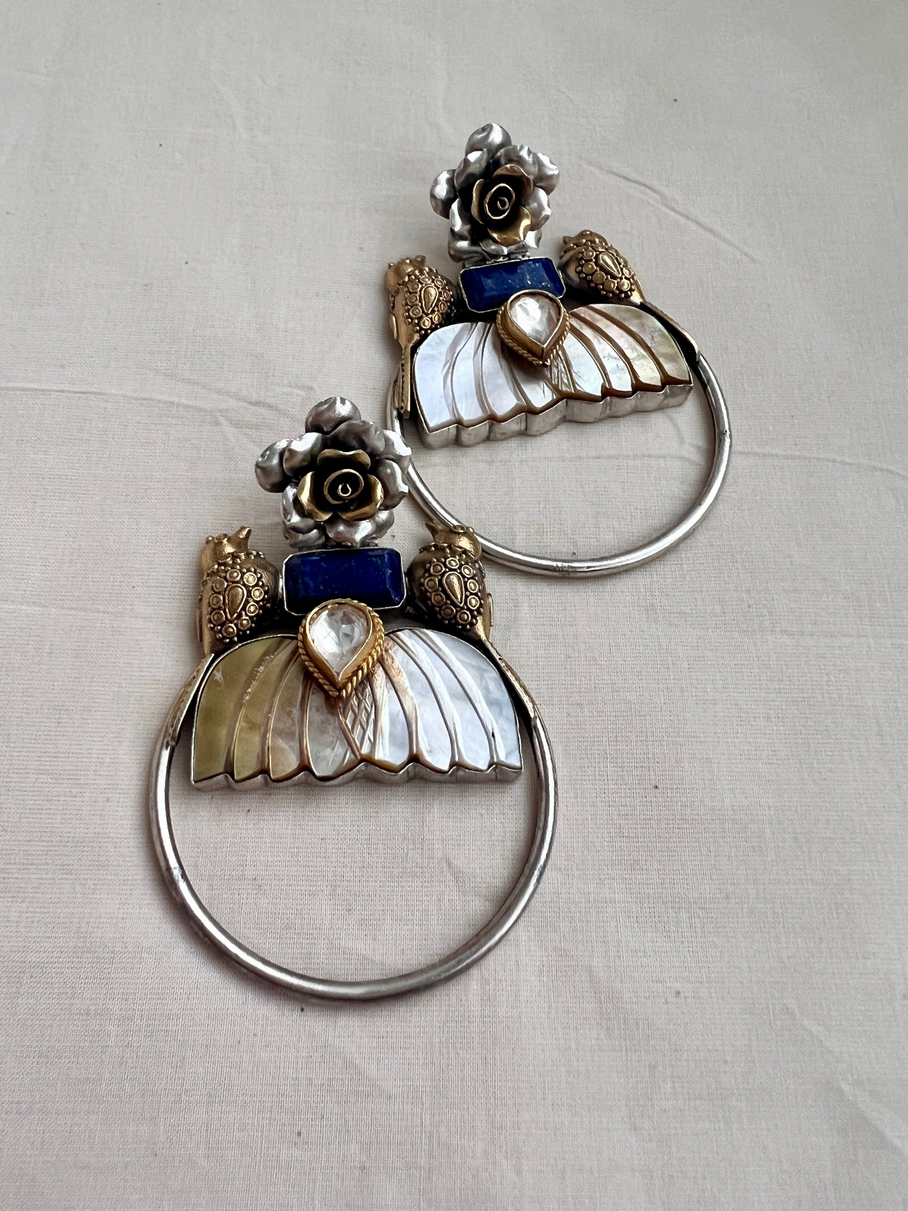 Two tone bird & flower earrings with blue lapiz, kundan & mother of pearl-Earrings-CI-House of Taamara