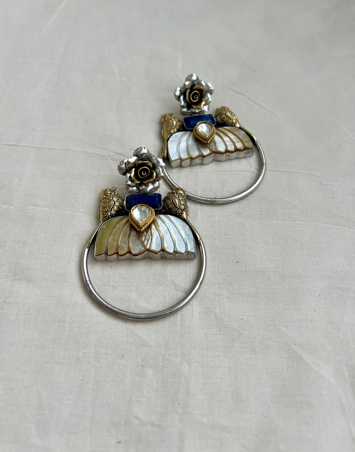 Two tone bird & flower earrings with blue lapiz, kundan & mother of pearl-Earrings-CI-House of Taamara