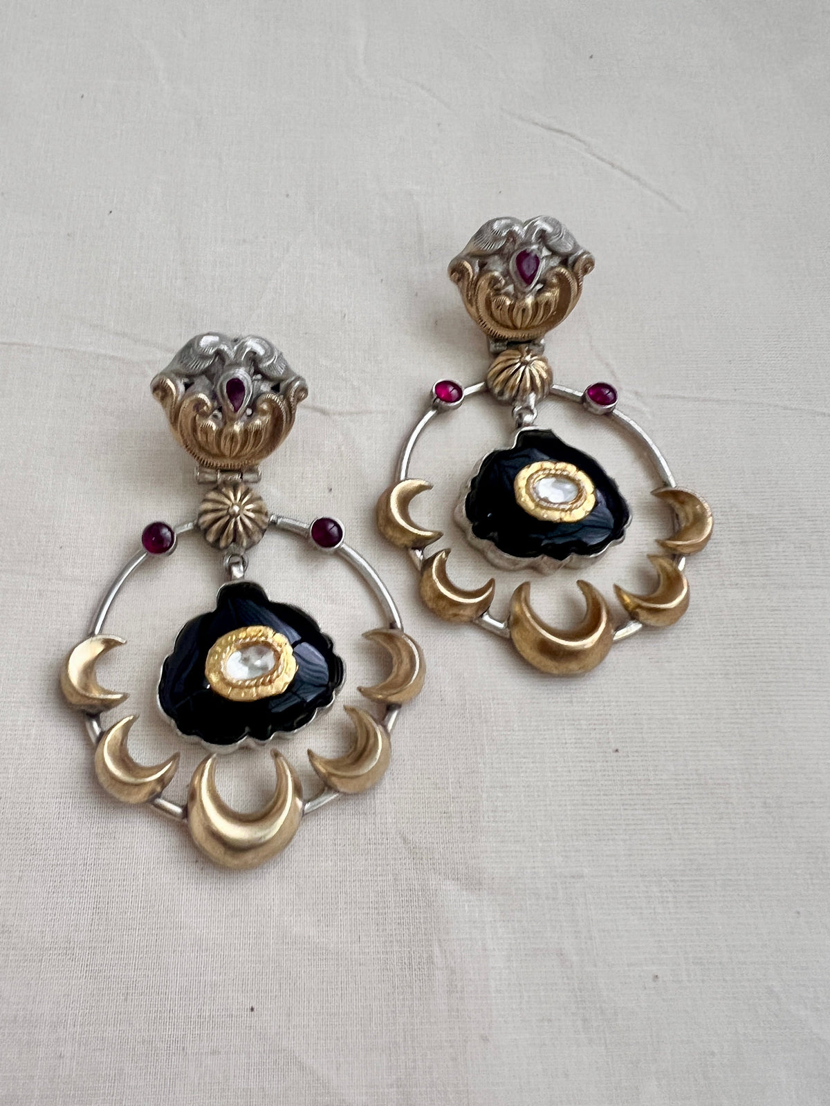 Two tone black onyx kundan inlay work earrings-Earrings-CI-House of Taamara