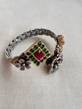 Two tone flexible kada with emerald & ruby stone with flowers-Silver Bracelet-CI-House of Taamara