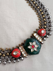 Two tone fusion necklace with corals & emerald kundan inlay motif-Silver Neckpiece-CI-House of Taamara