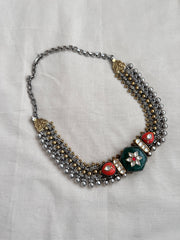 Two tone fusion necklace with corals & emerald kundan inlay motif-Silver Neckpiece-CI-House of Taamara