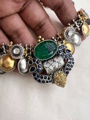 Two tone fusion necklace with emerald doublet & blue kundan peacock-Silver Neckpiece-CI-House of Taamara