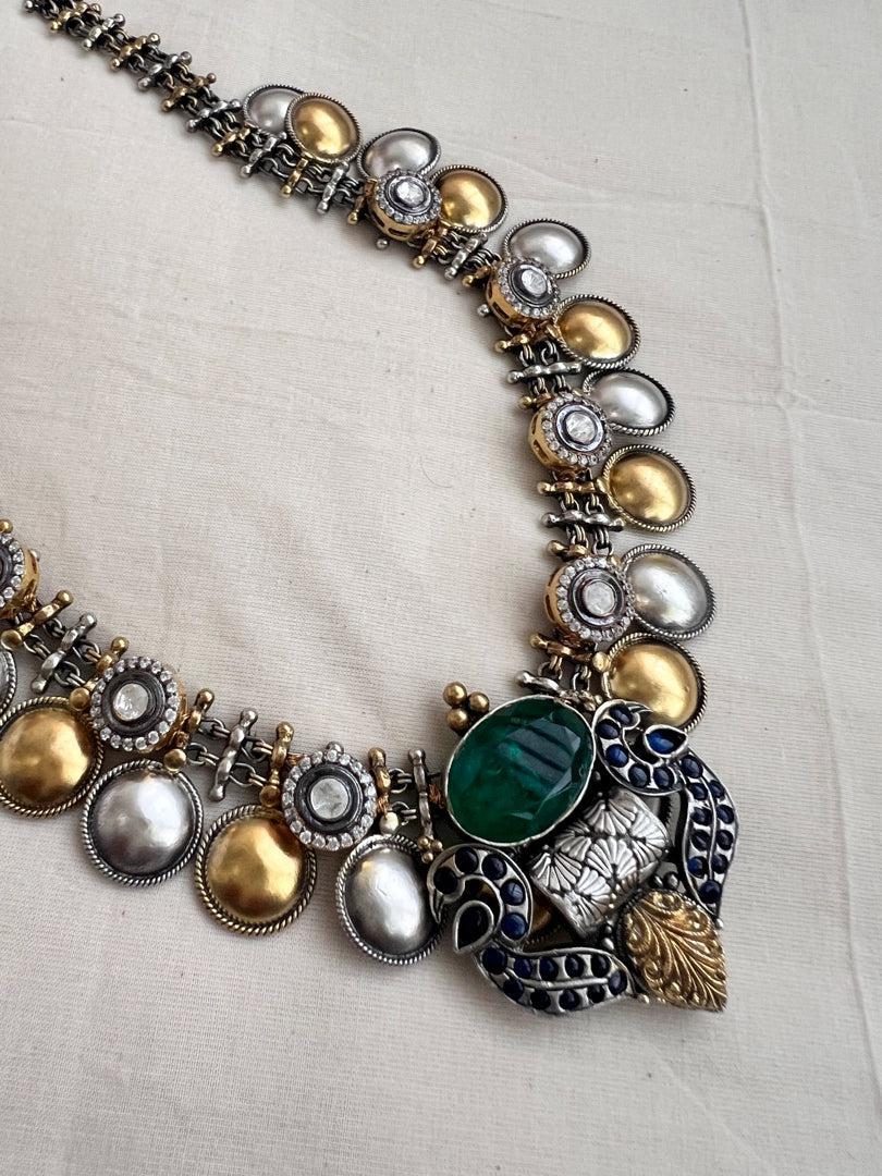 Two tone fusion necklace with emerald doublet & blue kundan peacock-Silver Neckpiece-CI-House of Taamara