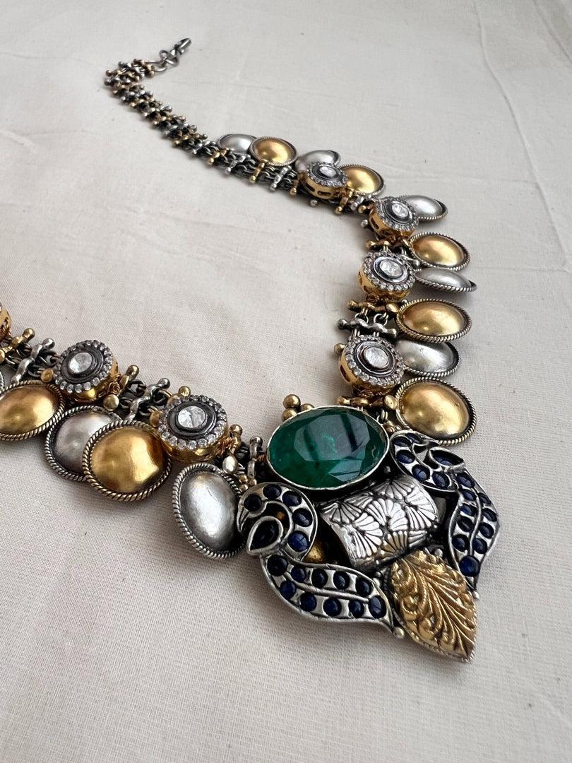 Two tone fusion necklace with emerald doublet & blue kundan peacock-Silver Neckpiece-CI-House of Taamara