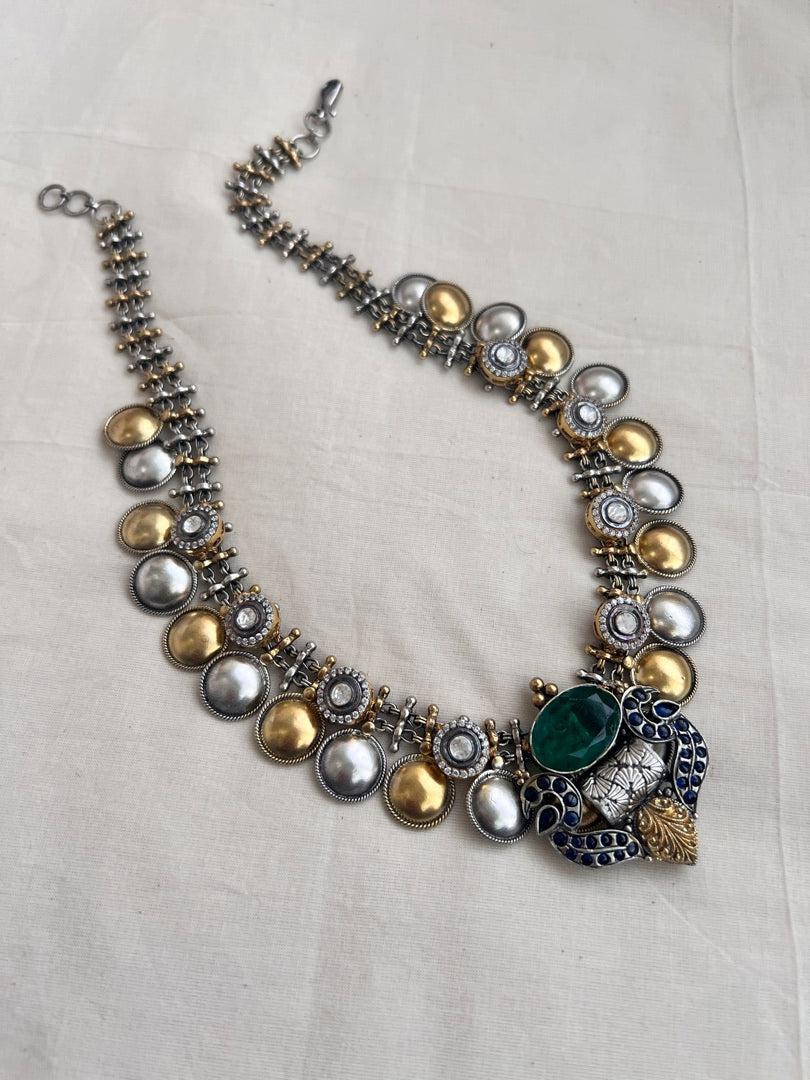 Two tone fusion necklace with emerald doublet & blue kundan peacock-Silver Neckpiece-CI-House of Taamara