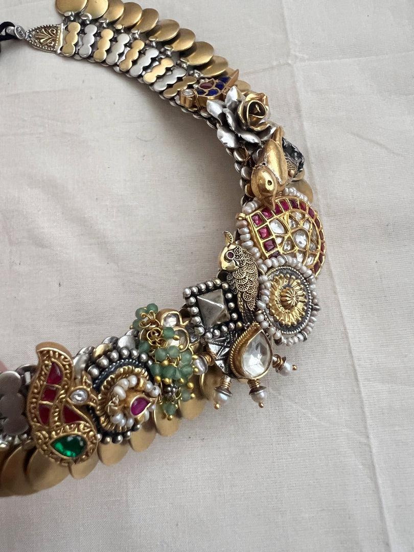 Two tone fusion necklace with kundan, emerald & ruby motifs with pearls-Silver Neckpiece-CI-House of Taamara