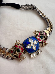 Two tone fusion necklace with peacocks & blue lapiz kundan inlay motif-Silver Neckpiece-CI-House of Taamara