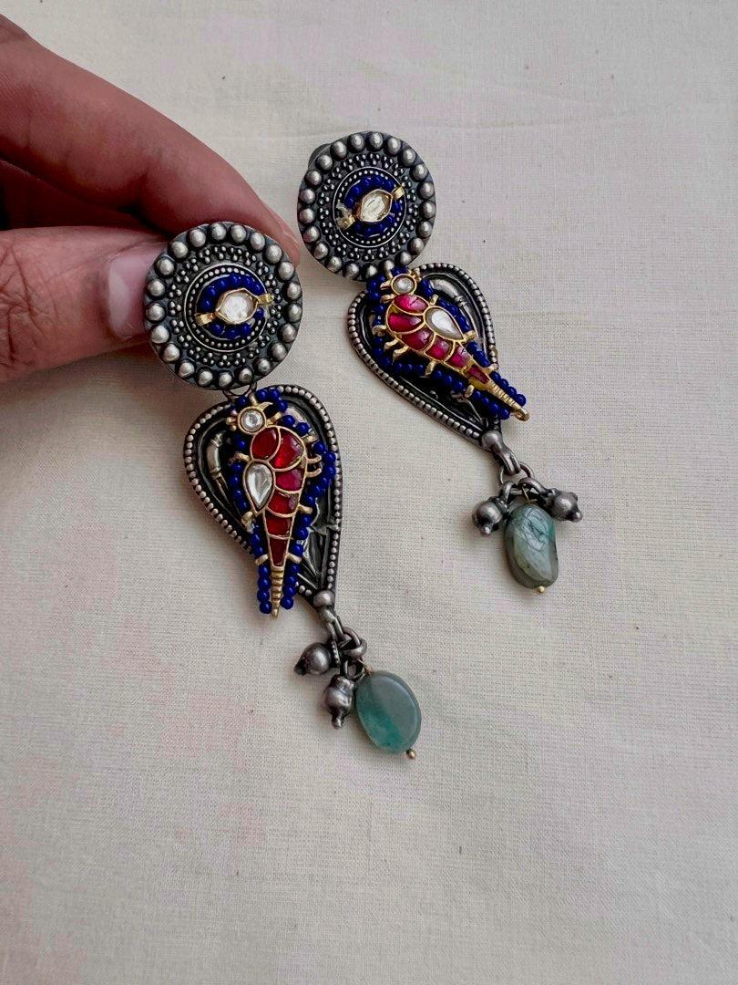 Two tone hangings with kundan bird-Earrings-CI-House of Taamara