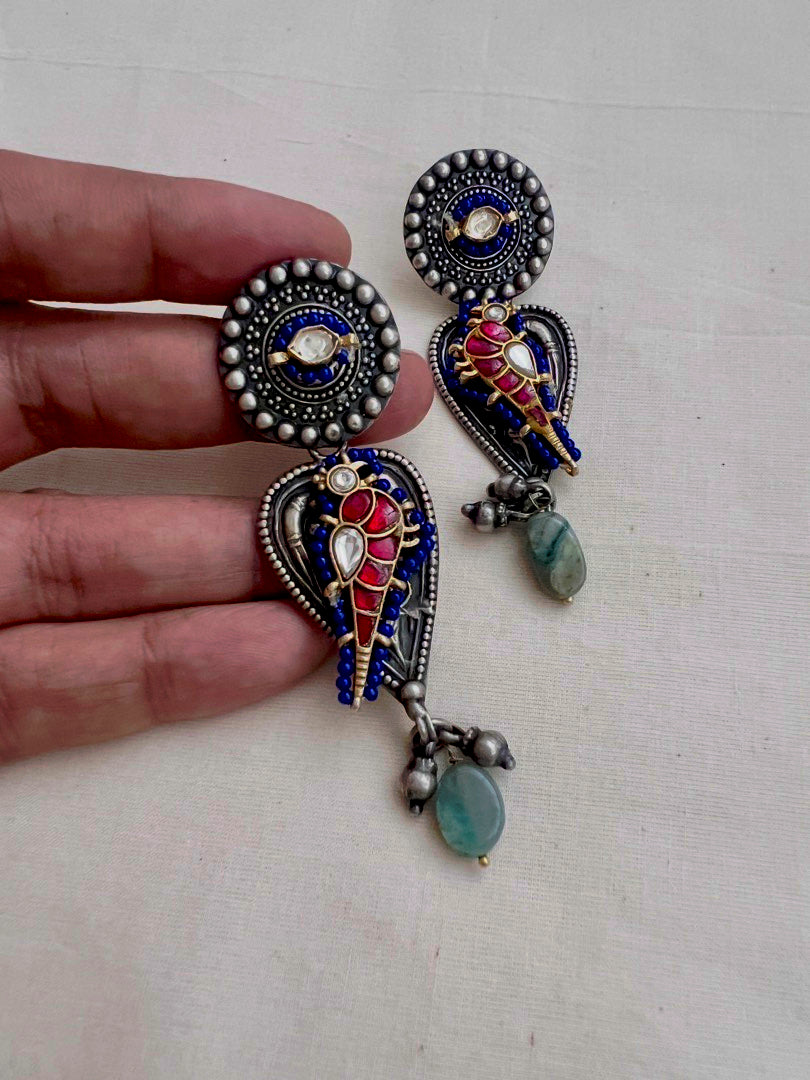 Two tone hangings with kundan bird-Earrings-CI-House of Taamara