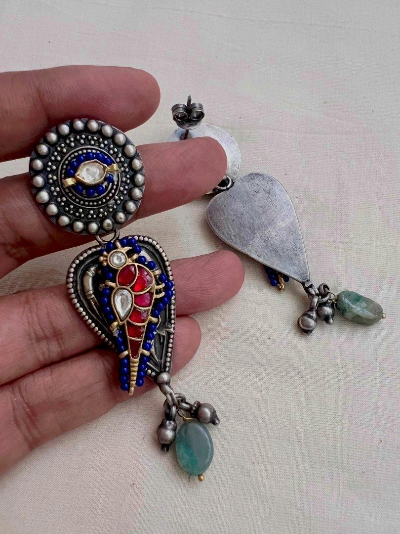 Two tone hangings with kundan bird-Earrings-CI-House of Taamara
