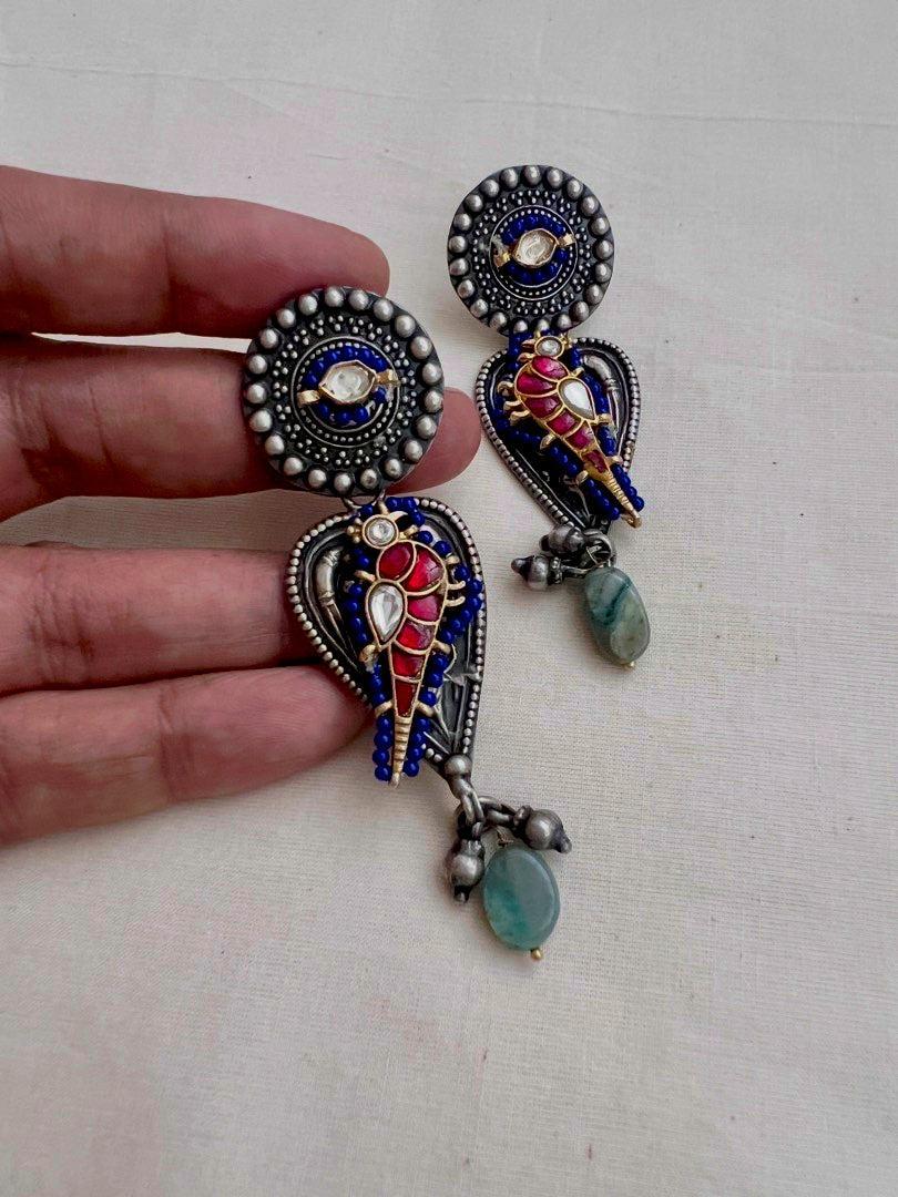 Two tone hangings with kundan bird-Earrings-CI-House of Taamara