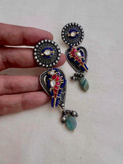 Two tone hangings with kundan bird-Earrings-CI-House of Taamara