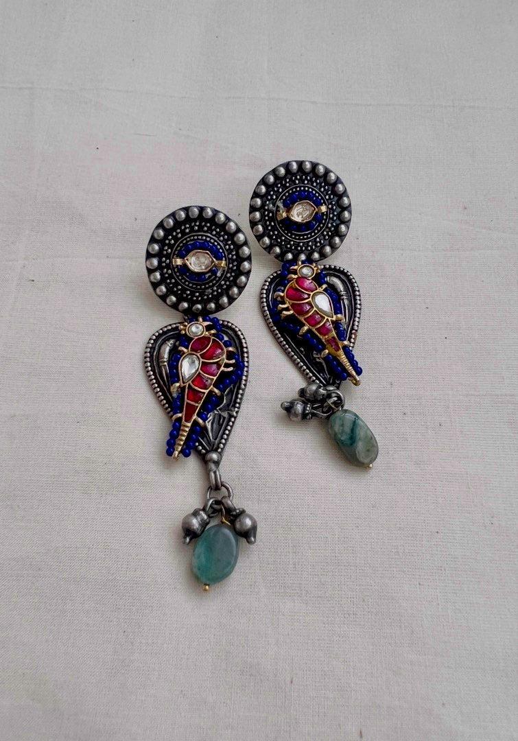 Two tone hangings with kundan bird-Earrings-CI-House of Taamara