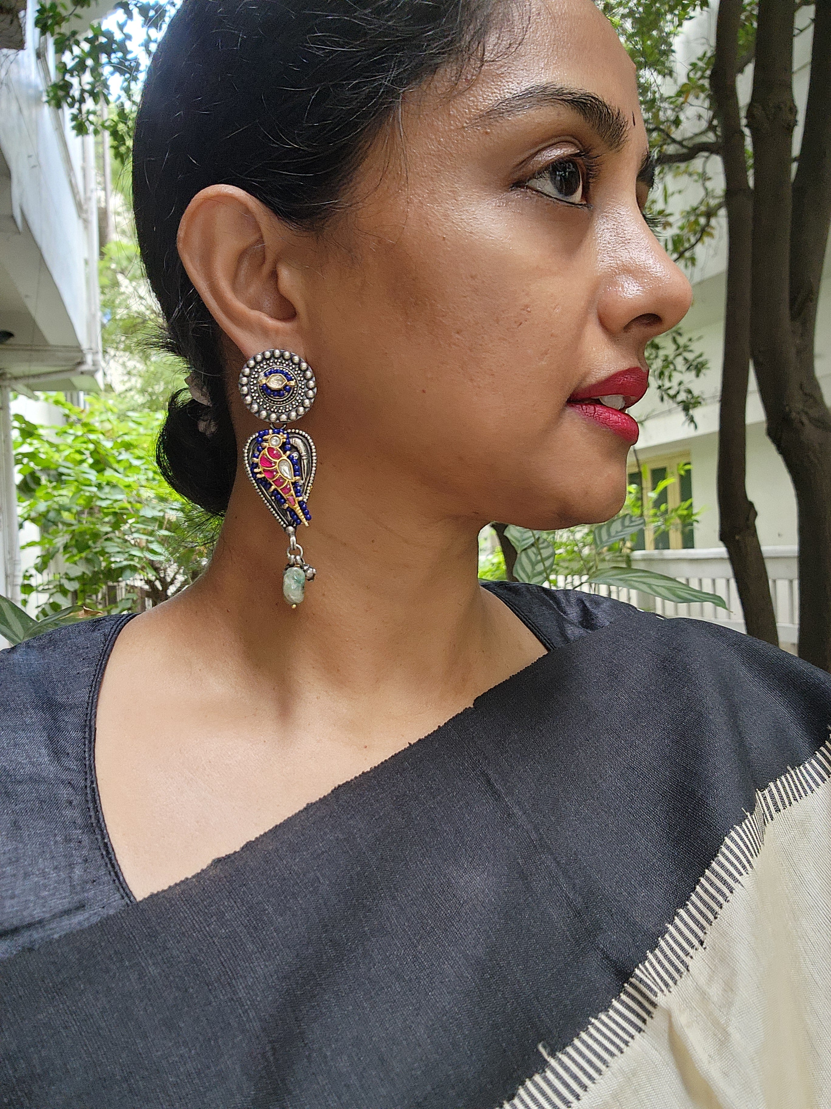 Two tone hangings with kundan bird-Earrings-CI-House of Taamara