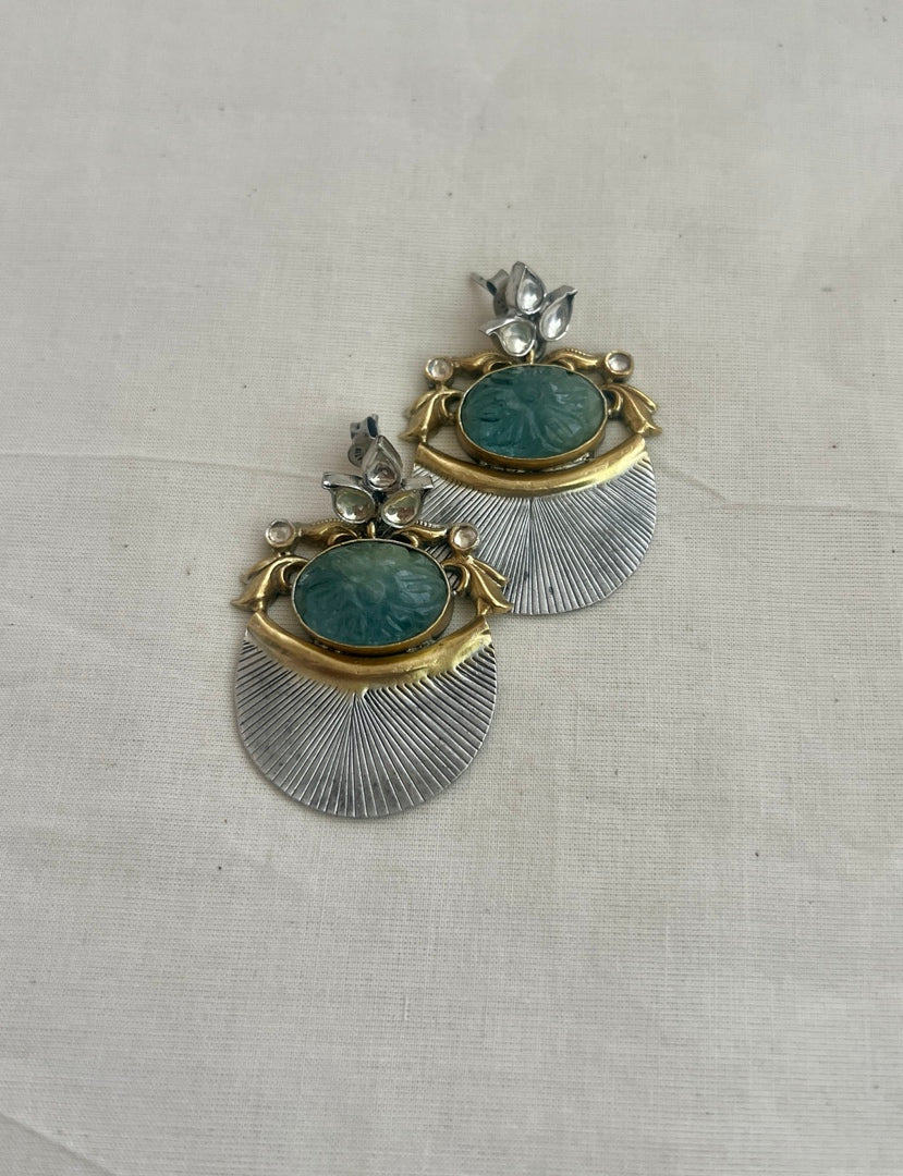 Two tone kundan earrings with jade stone-Earrings-CI-House of Taamara