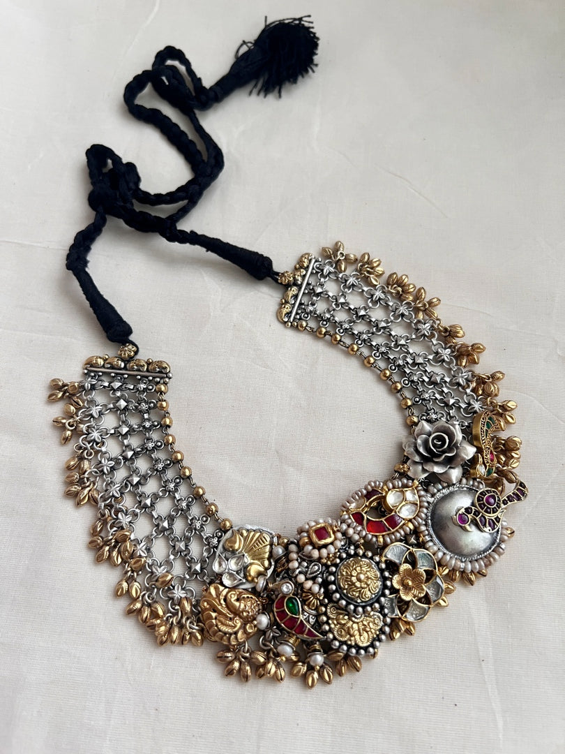 Two tone kundan fusion necklace with kundan, ruby & emerald and pearls-Silver Neckpiece-CI-House of Taamara