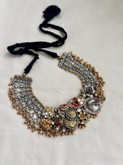 Two tone kundan fusion necklace with kundan, ruby & emerald and pearls-Silver Neckpiece-CI-House of Taamara