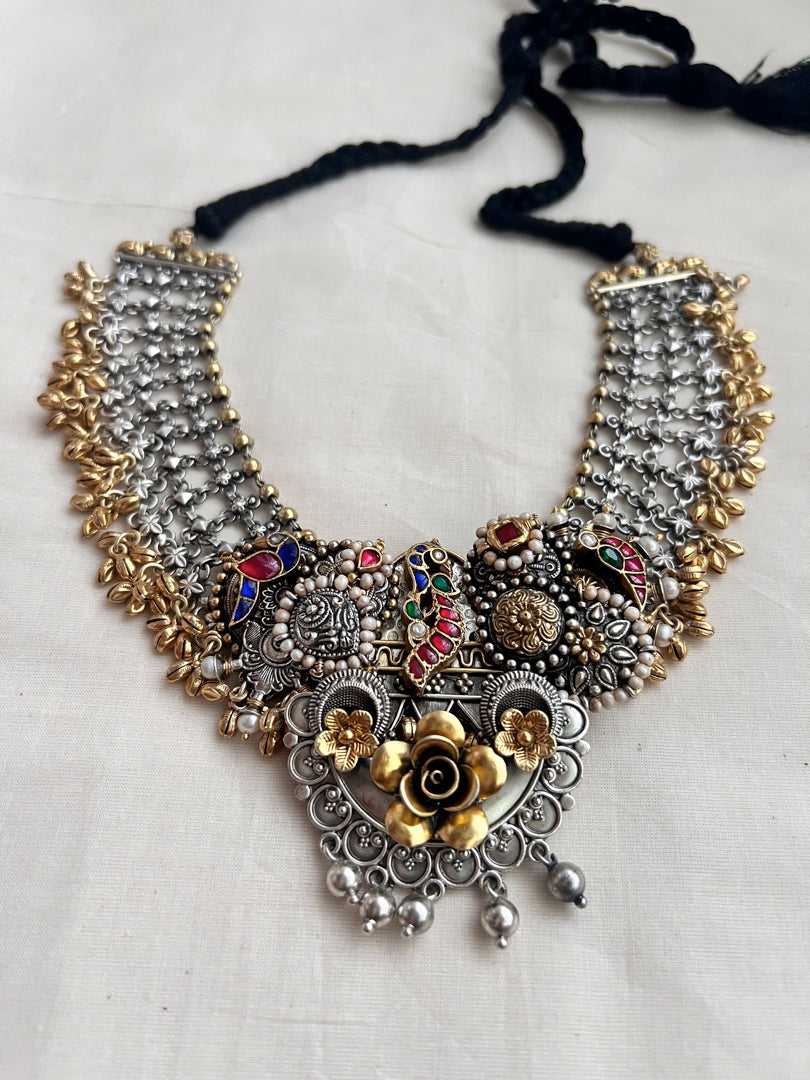 Two tone kundan fusion necklace with kundan, ruby & emerald & pearls-Silver Neckpiece-CI-House of Taamara