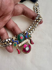 Two tone kundan fusion necklace with peacock & ruby inlay work on emeralds-Silver Neckpiece-CI-House of Taamara