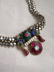 Two tone kundan fusion necklace with peacock & ruby inlay work on emeralds-Silver Neckpiece-CI-House of Taamara