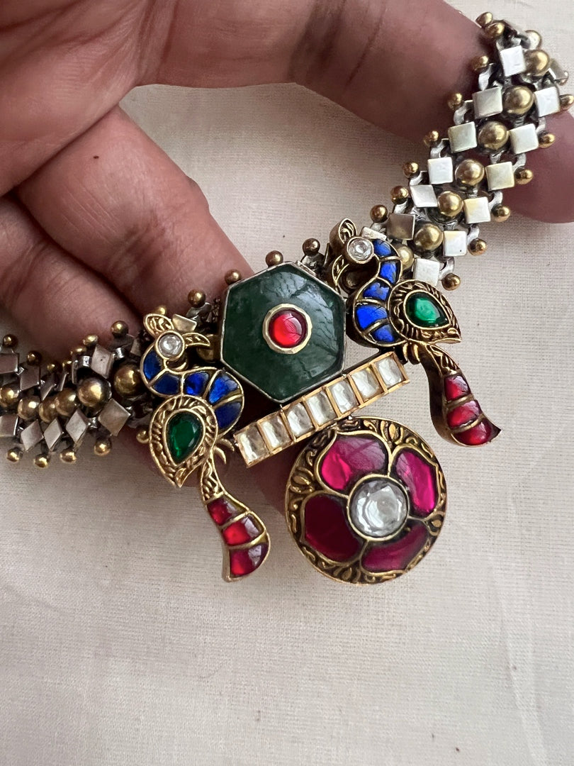 Two tone kundan fusion necklace with peacock & ruby inlay work on emeralds-Silver Neckpiece-CI-House of Taamara