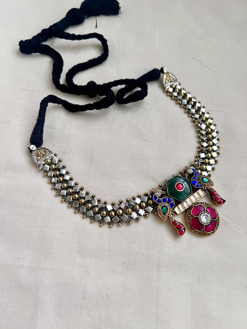 Two tone kundan fusion necklace with peacock & ruby inlay work on emeralds-Silver Neckpiece-CI-House of Taamara