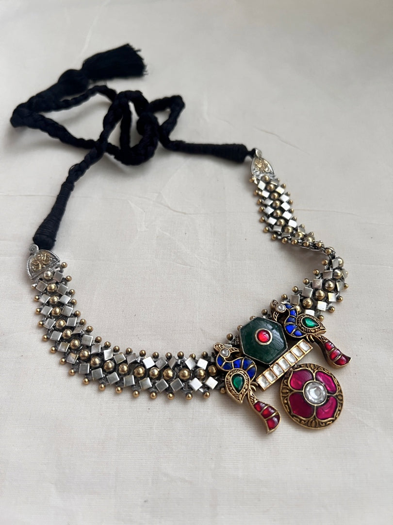 Two tone kundan fusion necklace with peacock & ruby inlay work on emeralds-Silver Neckpiece-CI-House of Taamara