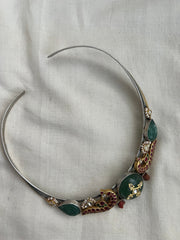 Two tone kundan inlay jade pendant with ruby & emerald peacock in a modern hasli chain-Silver Neckpiece-CI-House of Taamara