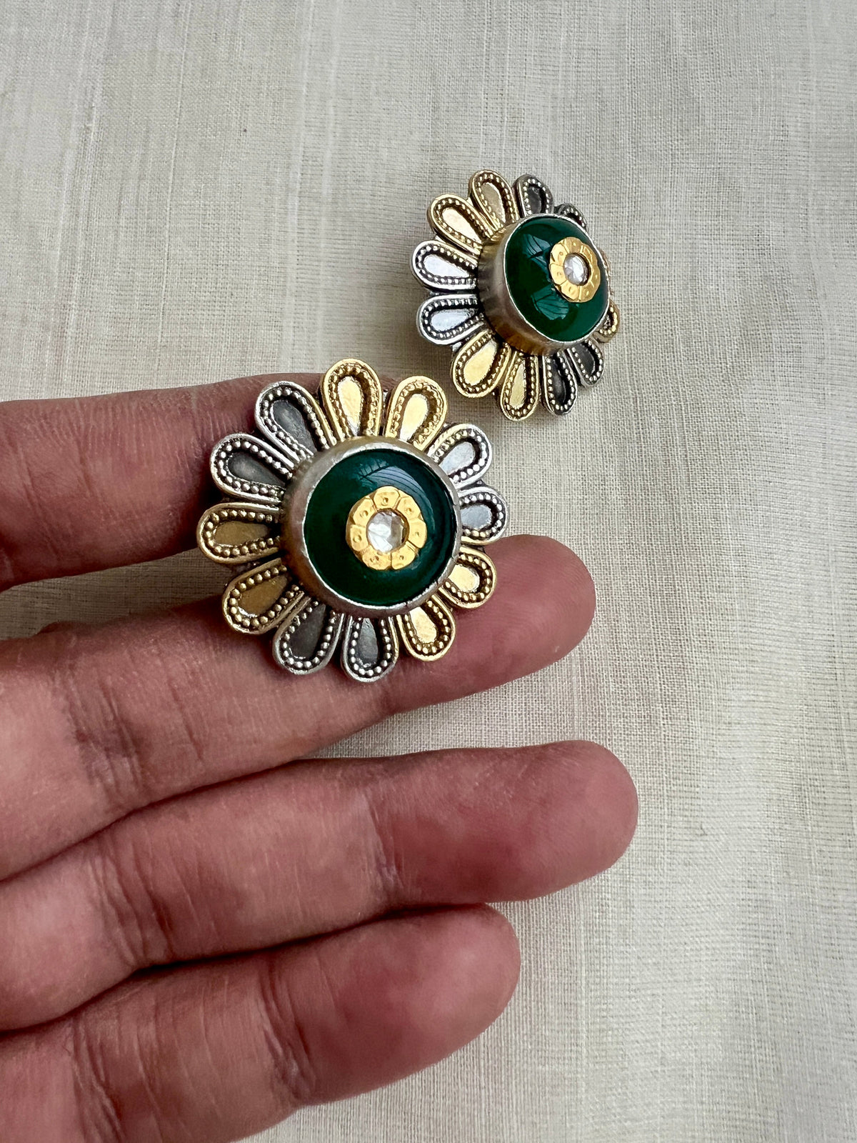 Two tone kundan inlay work flower studs-Earrings-CI-House of Taamara