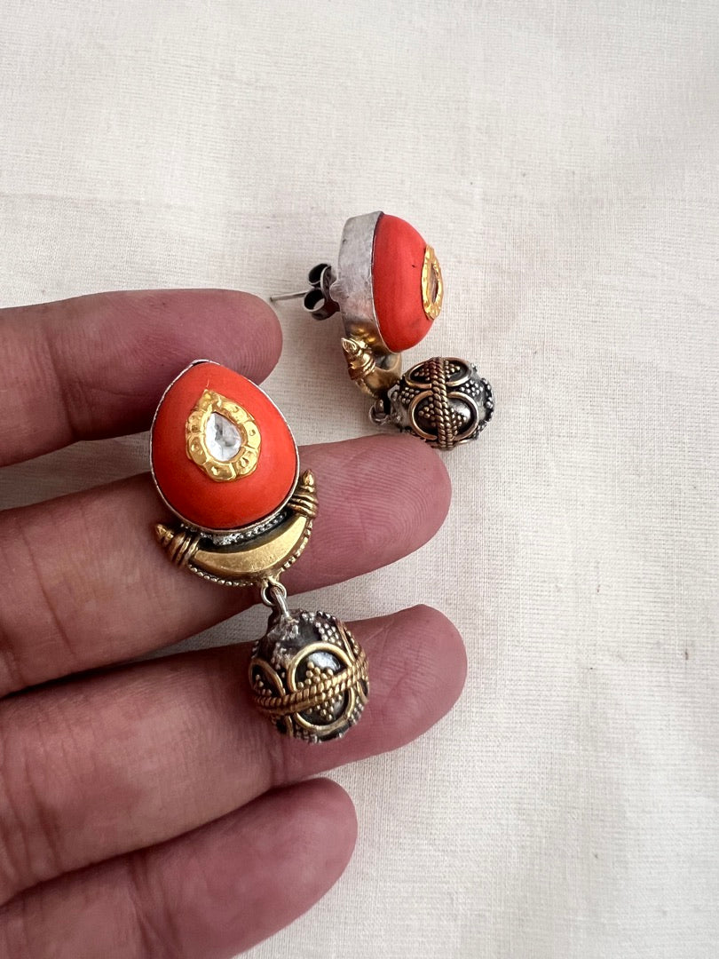 Two tone kundan inlay work on coral earrings-Earrings-CI-House of Taamara