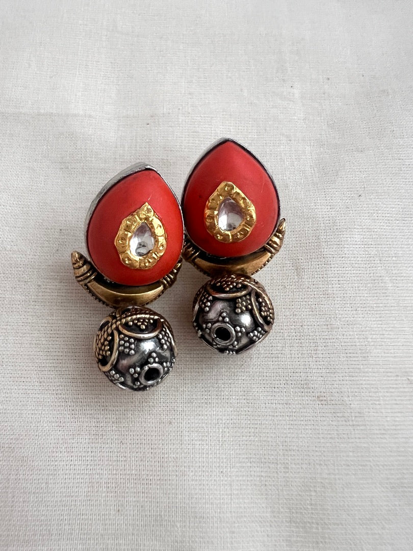 Two tone kundan inlay work on coral earrings-Earrings-CI-House of Taamara