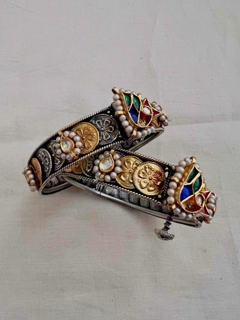 Two tone kundan motif bangles, PAIR-Silver Bracelet-CI-House of Taamara