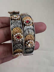 Two tone kundan motif bangles, PAIR-Silver Bracelet-CI-House of Taamara