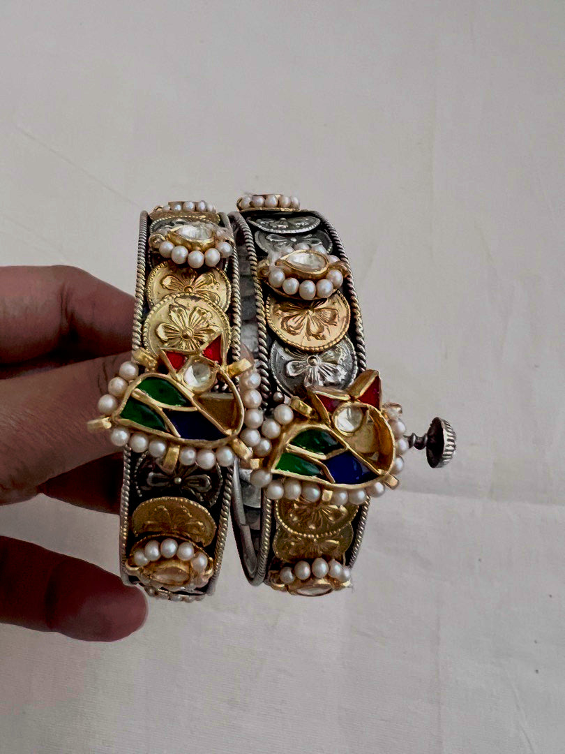 Two tone kundan motif bangles, PAIR-Silver Bracelet-CI-House of Taamara