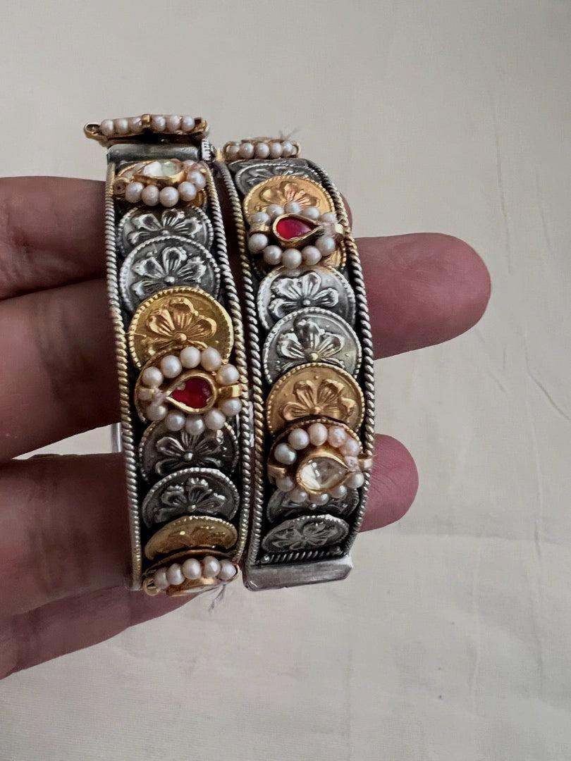 Two tone kundan motif bangles, PAIR-Silver Bracelet-CI-House of Taamara