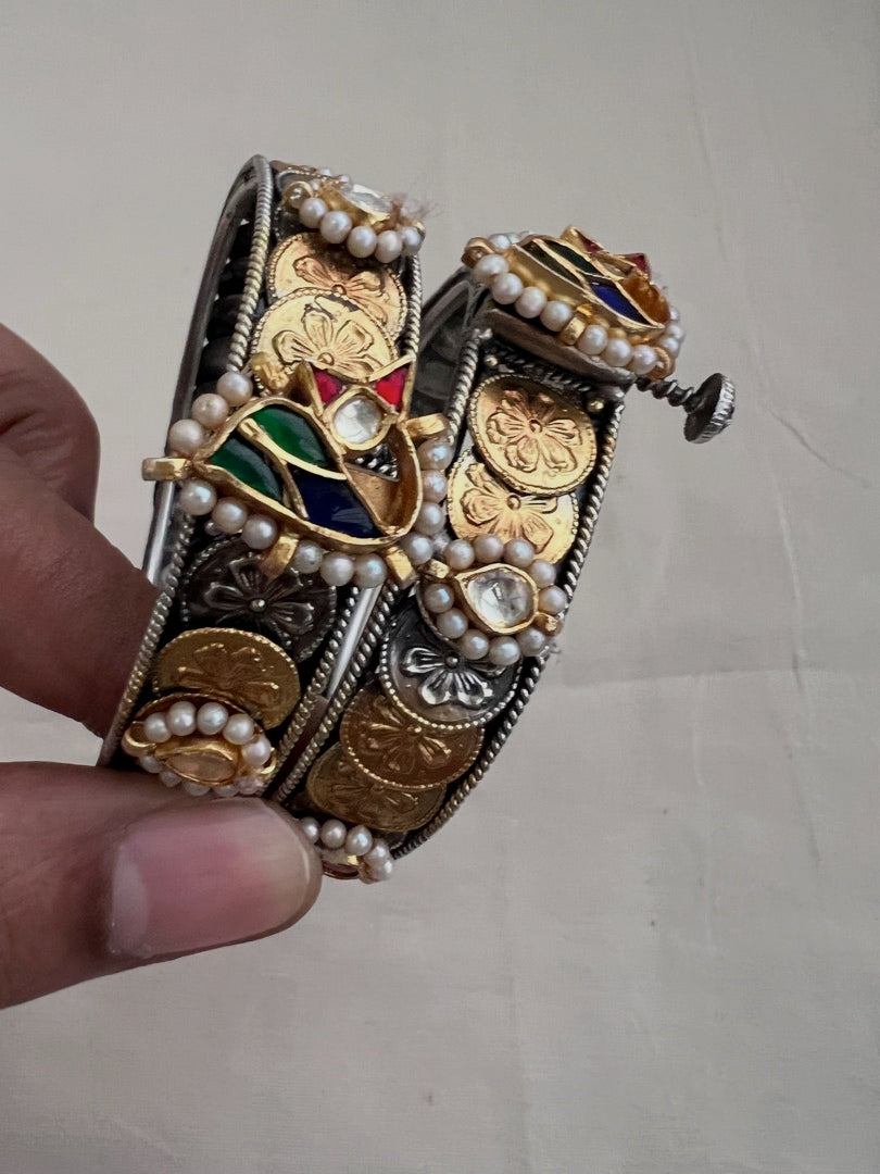 Two tone kundan motif bangles, PAIR-Silver Bracelet-CI-House of Taamara
