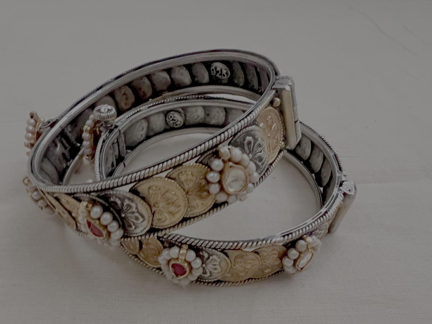 Two tone kundan motif bangles, PAIR-Silver Bracelet-CI-House of Taamara
