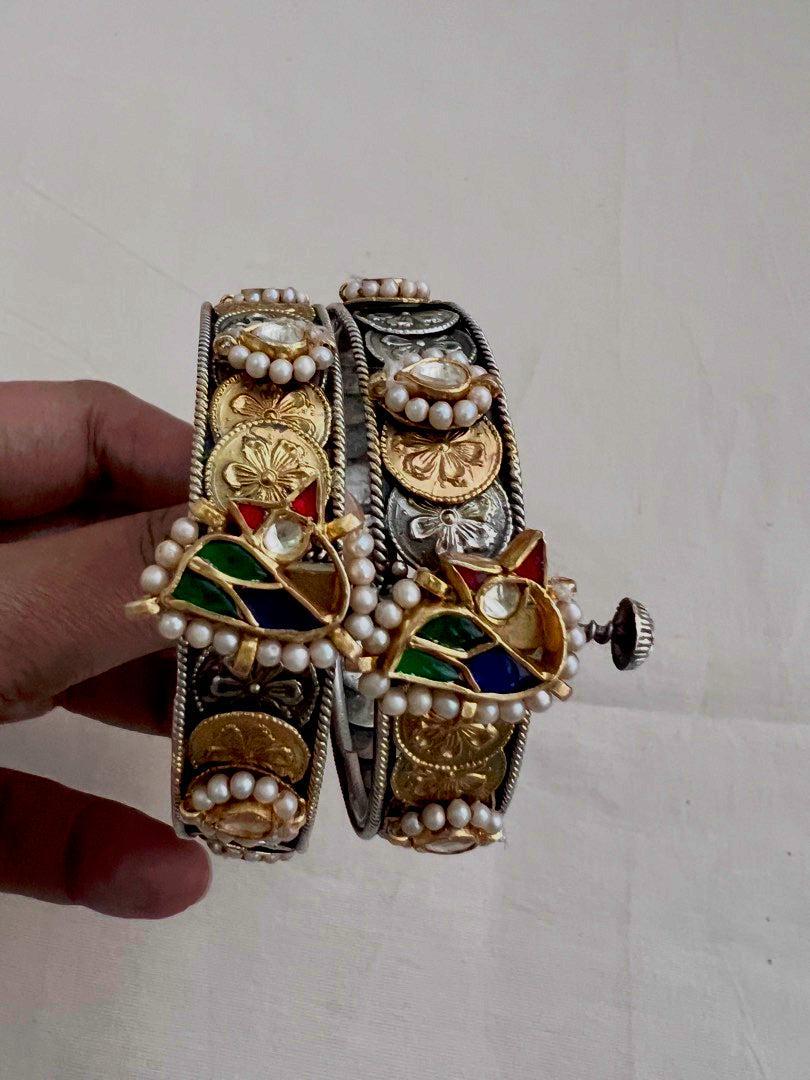 Two tone kundan motif bangles, PAIR-Silver Bracelet-CI-House of Taamara